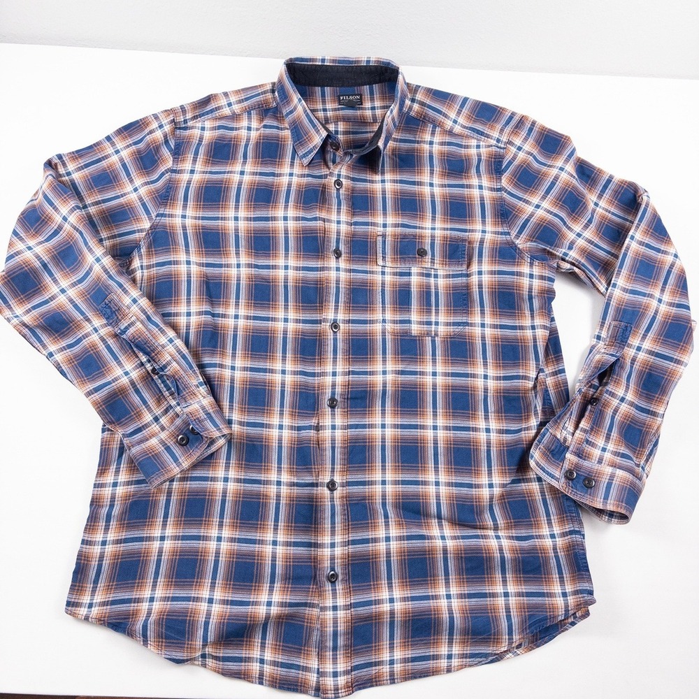 Filson Plaid Flannel Shirt Mens XXL Blue Orange Flap Pocket Heritage Workwear